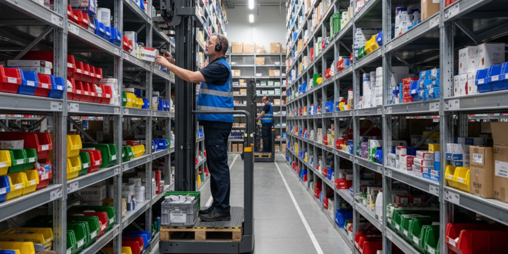 Order picker operates a static shelving rack from a picking stacker in a logistics center, with more shelves in the background, emphasizing the manual person-to-goods principle.